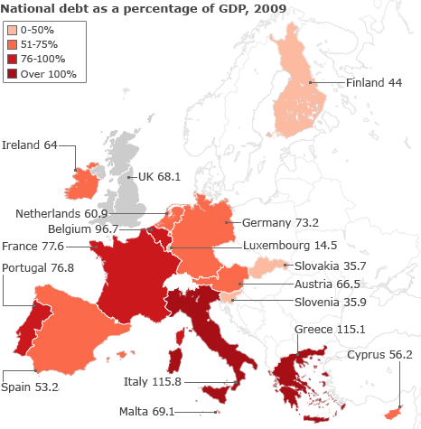 Eurozone - National Debt as a % of GDP, 2009